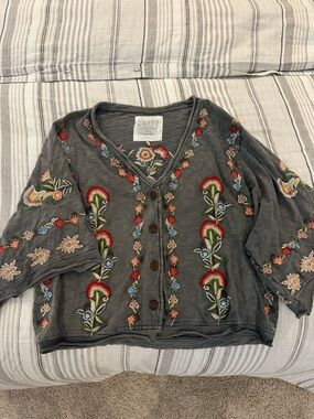 Caite Athleta Boho Floral Embroidered button up Cardigan